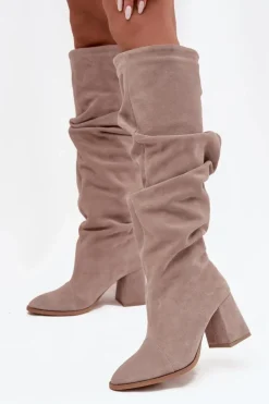 Sale Zazoo Marszczone Kozaki Z Naturalnego Zamszu Na Słupku Ocieplane 4228 Beżowe Beżowy