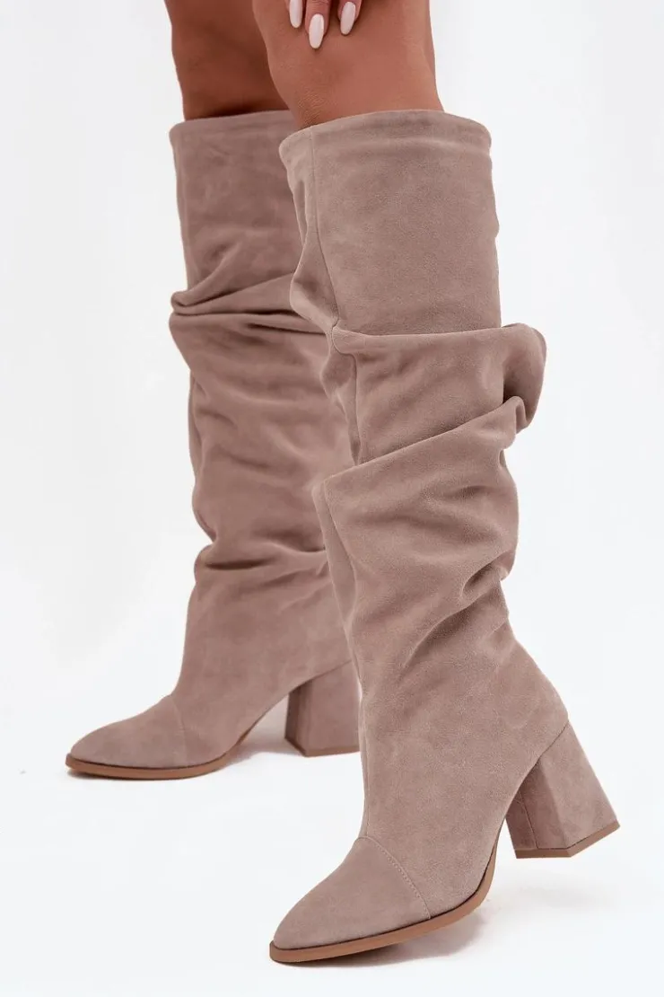 Sale Zazoo Marszczone Kozaki Z Naturalnego Zamszu Na Słupku Ocieplane 4228 Beżowe Beżowy