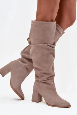 Sale Zazoo Marszczone Kozaki Z Naturalnego Zamszu Na Słupku Ocieplane 4228 Beżowe Beżowy