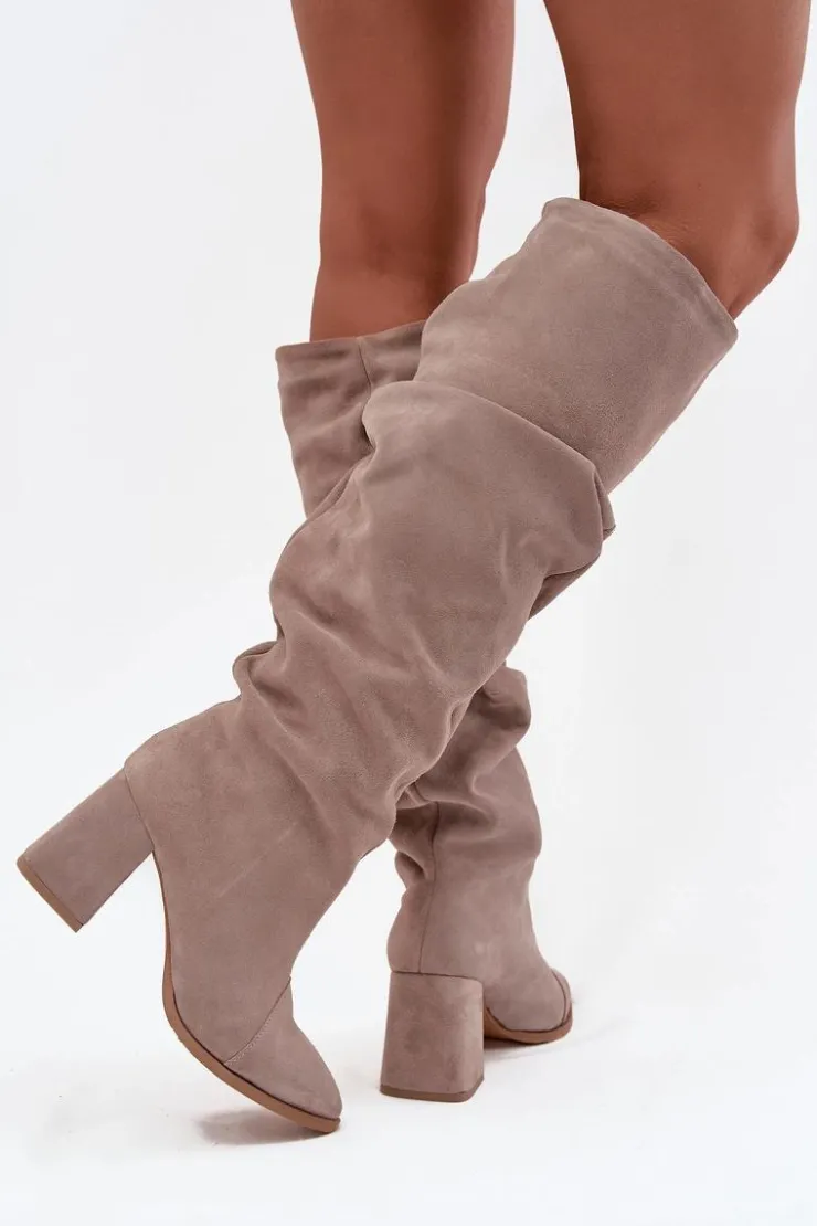 Sale Zazoo Marszczone Kozaki Z Naturalnego Zamszu Na Słupku Ocieplane 4228 Beżowe Beżowy