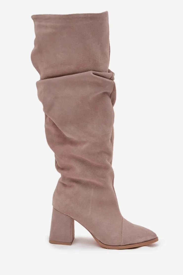 Sale Zazoo Marszczone Kozaki Z Naturalnego Zamszu Na Słupku Ocieplane 4228 Beżowe Beżowy