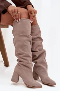 Sale Zazoo Marszczone Kozaki Z Naturalnego Zamszu Na Słupku Ocieplane 4228 Beżowe Beżowy