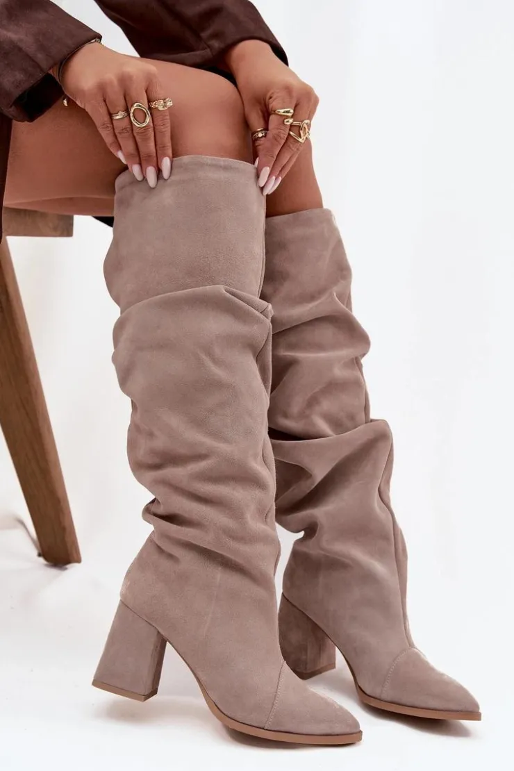 Sale Zazoo Marszczone Kozaki Z Naturalnego Zamszu Na Słupku Ocieplane 4228 Beżowe Beżowy