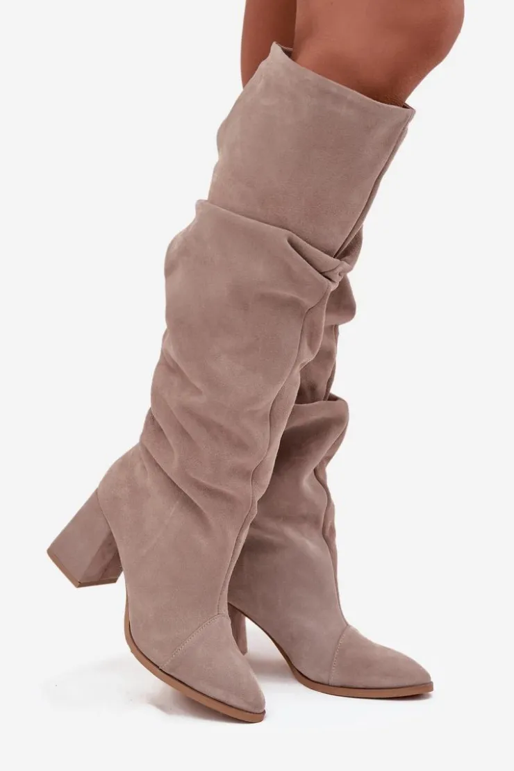 Sale Zazoo Marszczone Kozaki Z Naturalnego Zamszu Na Słupku Ocieplane 4228 Beżowe Beżowy