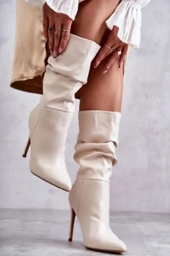 Best Boto Marszczone Skórzane Kozaki Na Szpilce Jasnobeżowe Caren