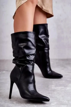 Damskie Boto Marszczone Skórzane Kozaki Na Szpilce Czarne Caren