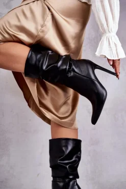 Damskie Boto Marszczone Skórzane Kozaki Na Szpilce Czarne Caren