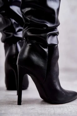 Damskie Boto Marszczone Skórzane Kozaki Na Szpilce Czarne Caren