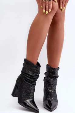 Boto Botki Na Słupku|Czarne Botki*Marszczone Wężowe Botki Na Obcasie Czarne Casima