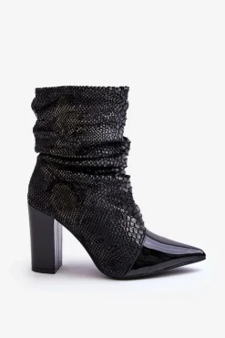 Boto Botki Na Słupku|Czarne Botki*Marszczone Wężowe Botki Na Obcasie Czarne Casima