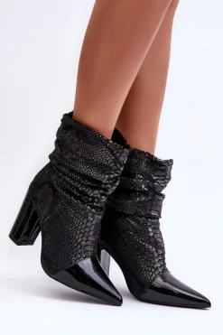 Boto Botki Na Słupku|Czarne Botki*Marszczone Wężowe Botki Na Obcasie Czarne Casima
