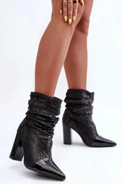 Boto Botki Na Słupku|Czarne Botki*Marszczone Wężowe Botki Na Obcasie Czarne Casima