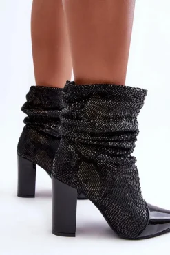 Boto Botki Na Słupku|Czarne Botki*Marszczone Wężowe Botki Na Obcasie Czarne Casima