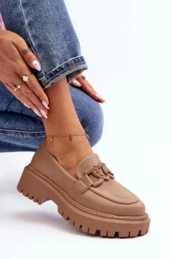 Discount Boto Masywne Mokasyny Damskie Z Łańcuchem Beżowe Dataia