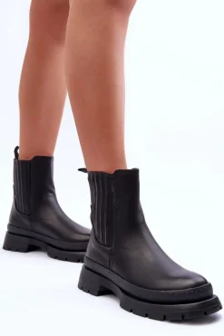 Damskie Boto Masywne Skórzane Botki Sztyblety Czarne Rosan