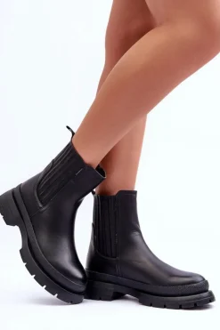 Damskie Boto Masywne Skórzane Botki Sztyblety Czarne Rosan