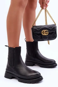 Damskie Boto Masywne Skórzane Botki Sztyblety Czarne Rosan