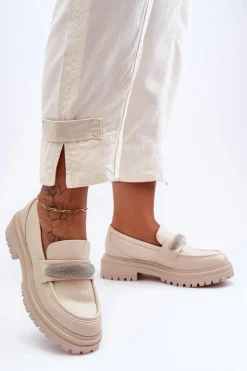 Damskie Boto Masywne Skórzane Mokasyny Z Ozdobą Beżowe Aricka