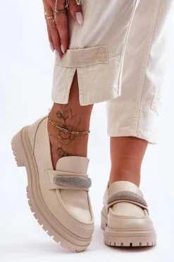 Damskie Boto Masywne Skórzane Mokasyny Z Ozdobą Beżowe Aricka