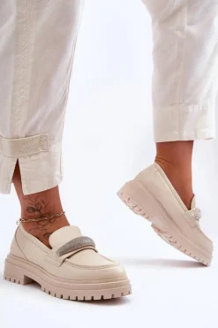 Damskie Boto Masywne Skórzane Mokasyny Z Ozdobą Beżowe Aricka