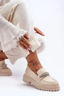 Damskie Boto Masywne Skórzane Mokasyny Z Ozdobą Beżowe Aricka