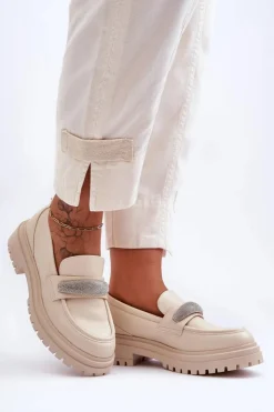 Damskie Boto Masywne Skórzane Mokasyny Z Ozdobą Beżowe Aricka