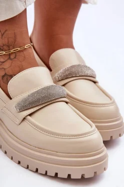 Damskie Boto Masywne Skórzane Mokasyny Z Ozdobą Beżowe Aricka