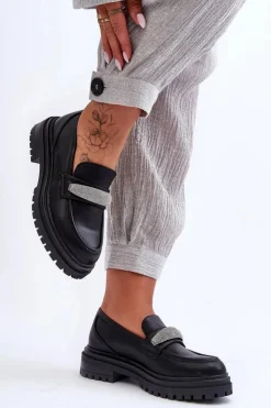 Sale Boto Masywne Skórzane Mokasyny Z Ozdobą Czarne Aricka