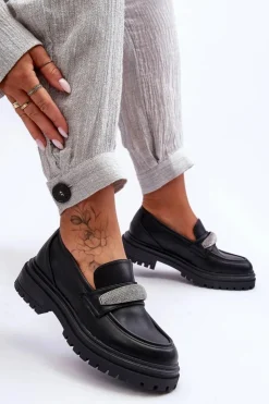 Sale Boto Masywne Skórzane Mokasyny Z Ozdobą Czarne Aricka