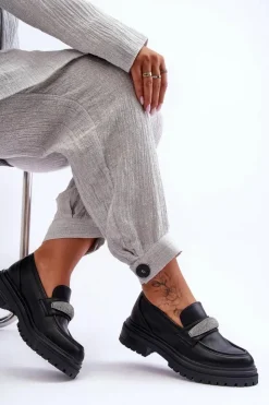 Sale Boto Masywne Skórzane Mokasyny Z Ozdobą Czarne Aricka