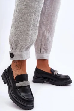 Sale Boto Masywne Skórzane Mokasyny Z Ozdobą Czarne Aricka