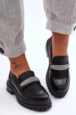 Sale Boto Masywne Skórzane Mokasyny Z Ozdobą Czarne Aricka