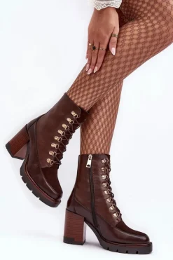 Buty damskie Vinceza Botki Na Słupku|Brązowe I Beżowe Botki*Masywne Sznurowane Botki Na Słupku Brązowe Lathia