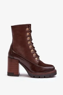 Buty damskie Vinceza Botki Na Słupku|Brązowe I Beżowe Botki*Masywne Sznurowane Botki Na Słupku Brązowe Lathia