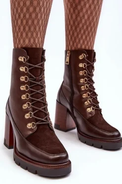 Buty damskie Vinceza Botki Na Słupku|Brązowe I Beżowe Botki*Masywne Sznurowane Botki Na Słupku Brązowe Lathia