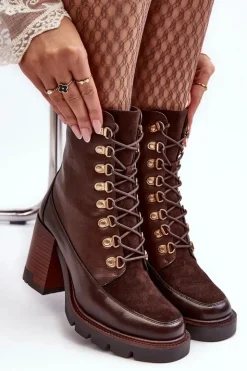 Buty damskie Vinceza Botki Na Słupku|Brązowe I Beżowe Botki*Masywne Sznurowane Botki Na Słupku Brązowe Lathia