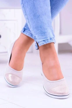 Hot Boto Materiałowe Beżowe Baleriny Na Koturnie Elleni