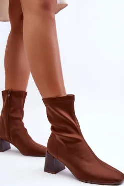 Boto Botki Wiosenne|Botki Na Słupku*Materiałowe Botki Na Suwak Brązowe Amisa