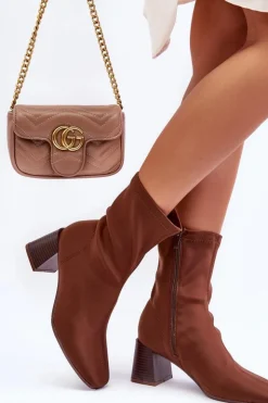 Boto Botki Wiosenne|Botki Na Słupku*Materiałowe Botki Na Suwak Brązowe Amisa