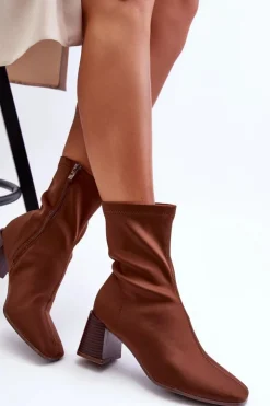 Boto Botki Wiosenne|Botki Na Słupku*Materiałowe Botki Na Suwak Brązowe Amisa