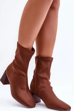 Boto Botki Wiosenne|Botki Na Słupku*Materiałowe Botki Na Suwak Brązowe Amisa