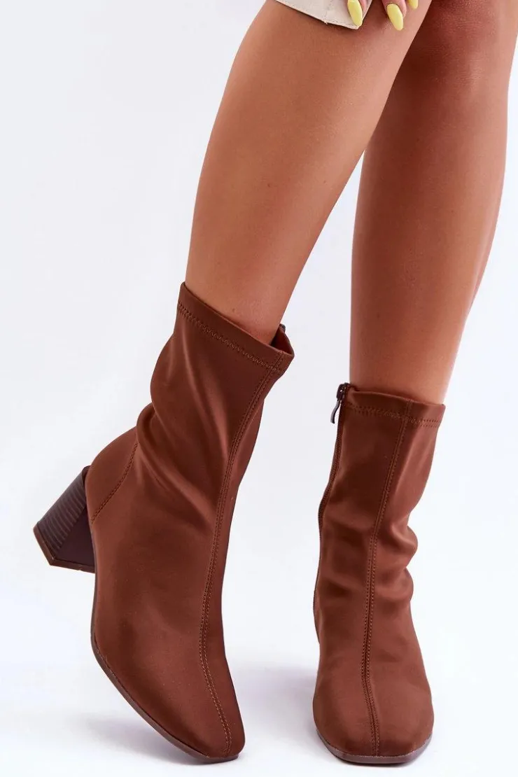 Boto Botki Wiosenne|Botki Na Słupku*Materiałowe Botki Na Suwak Brązowe Amisa