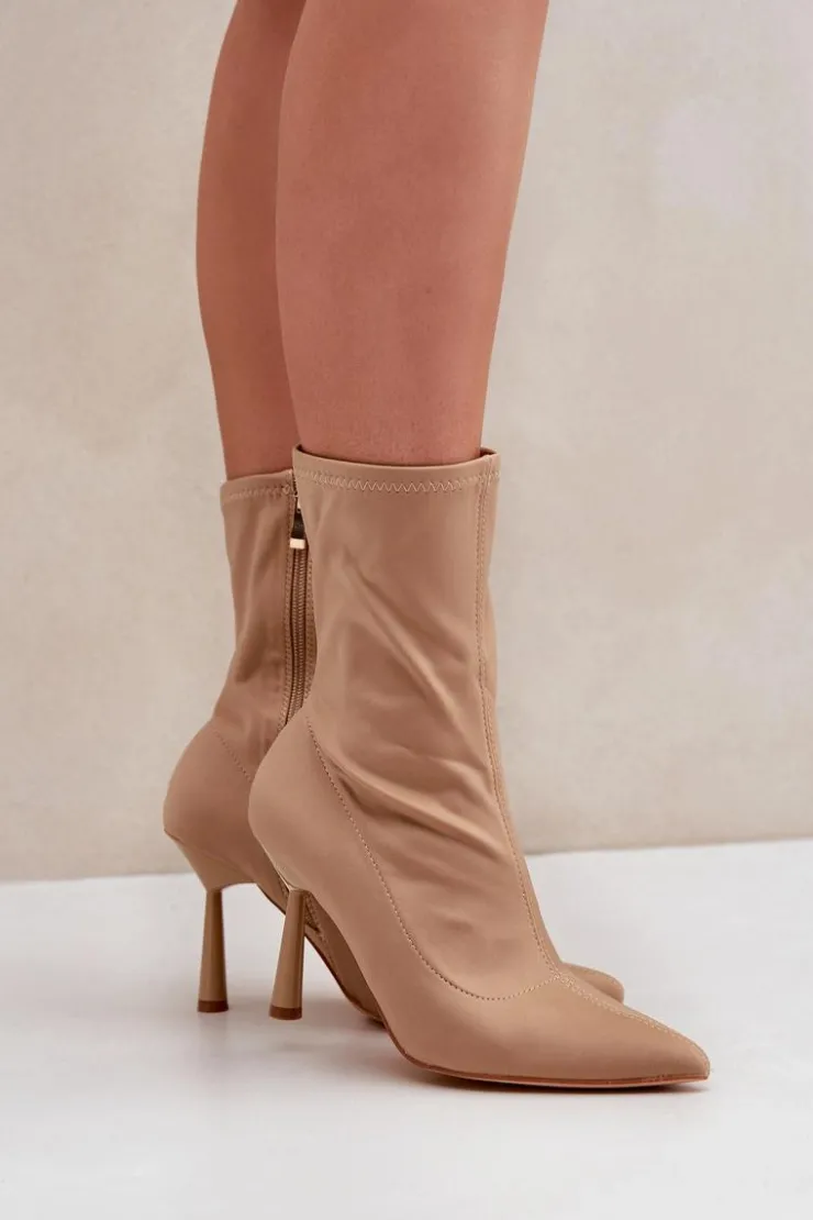 Boto Brązowe I Beżowe Botki|Botki Na Obcasie*Materiałowe Botki Na Szpilce Ciemnobeżowe Amune Beżowy