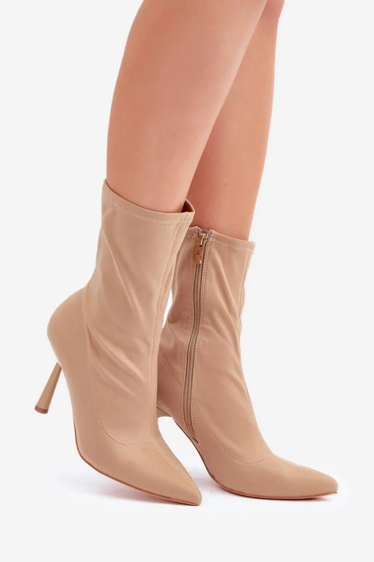 Boto Brązowe I Beżowe Botki|Botki Na Obcasie*Materiałowe Botki Na Szpilce Ciemnobeżowe Amune Beżowy