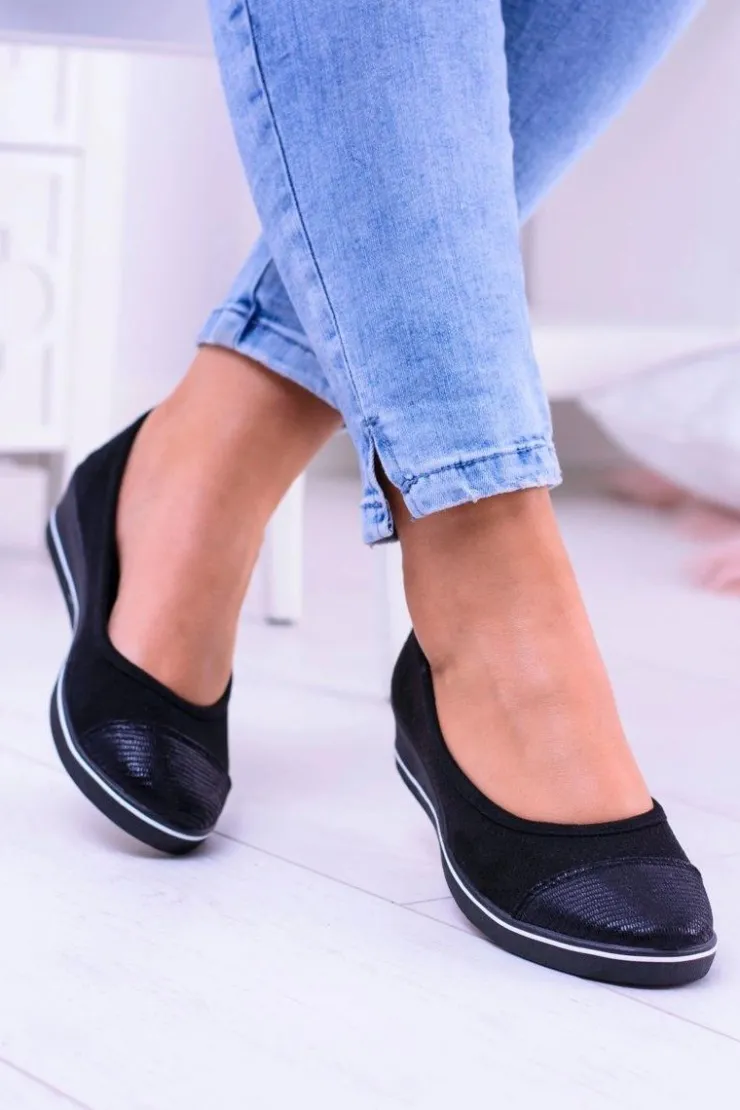 Boto Baleriny Klasyczne*Materiałowe Czarne Baleriny Na Koturnie Elleni