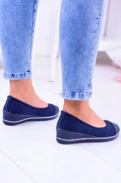 Sale Boto Materiałowe Granatowe Baleriny Na Koturnie Elleni