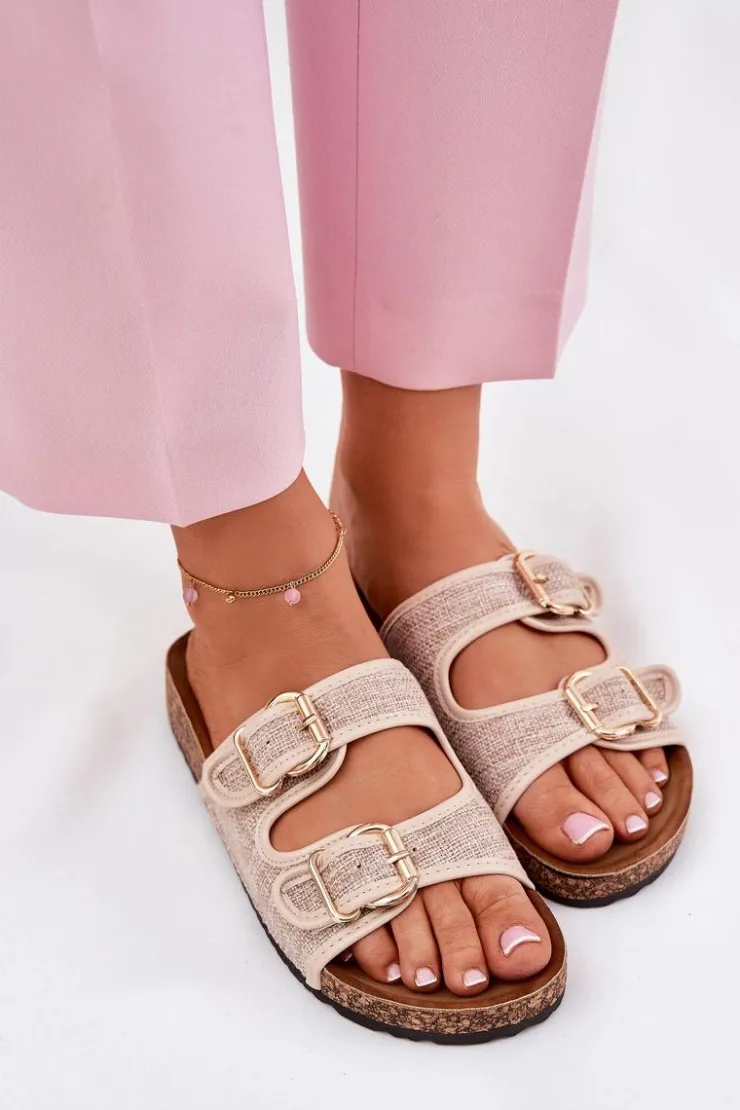 Online Boto Materiałowe Klapki Damskie Na Korkowej Platformie Z Klamrami Beżowe Osoffe Beżowy