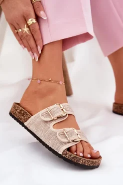 Online Boto Materiałowe Klapki Damskie Na Korkowej Platformie Z Klamrami Beżowe Osoffe Beżowy