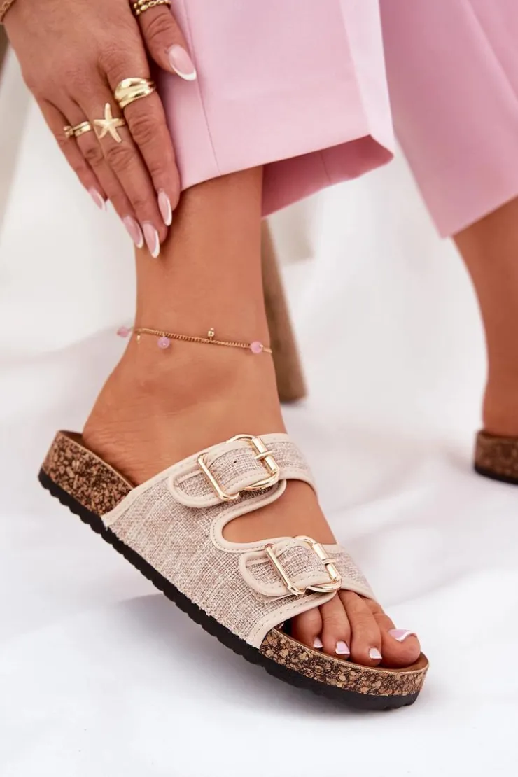 Online Boto Materiałowe Klapki Damskie Na Korkowej Platformie Z Klamrami Beżowe Osoffe Beżowy