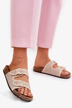 Online Boto Materiałowe Klapki Damskie Na Korkowej Platformie Z Klamrami Beżowe Osoffe Beżowy